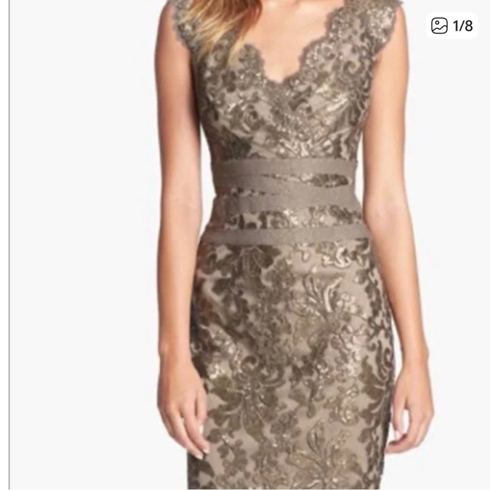 Tadashi Shoji Lace sequin putty champagne Dress 0